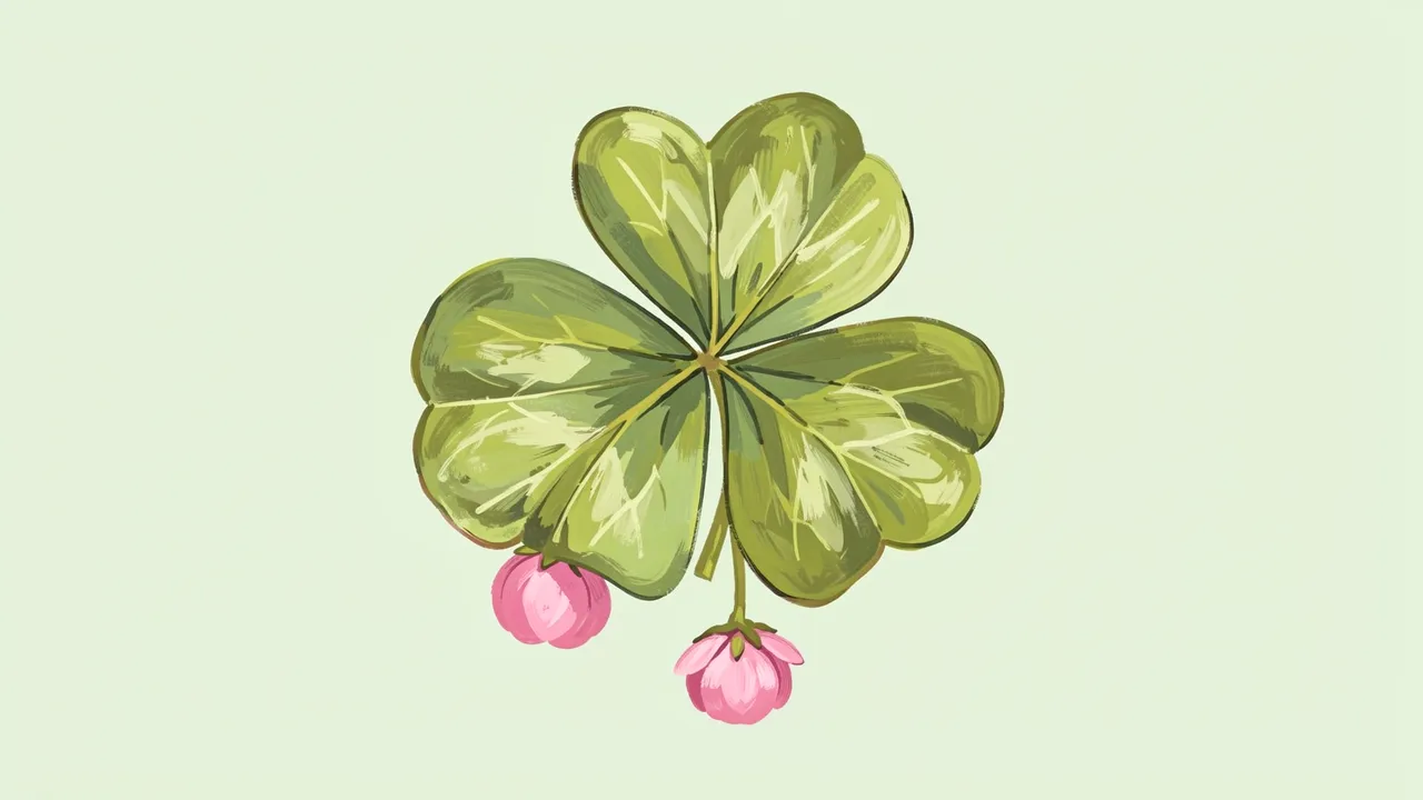 A hand-painted four-lobed clover illustration with small pink blooms on a pale green background