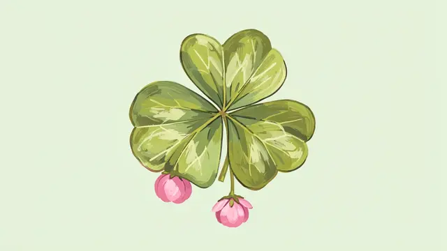 A hand-painted four-lobed clover illustration with small pink blooms on a pale green background