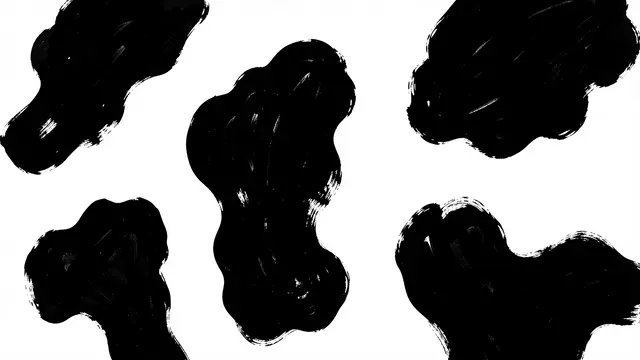 Irregular wobbly black painted blotches arranged in a cow print pattern on a bright white background