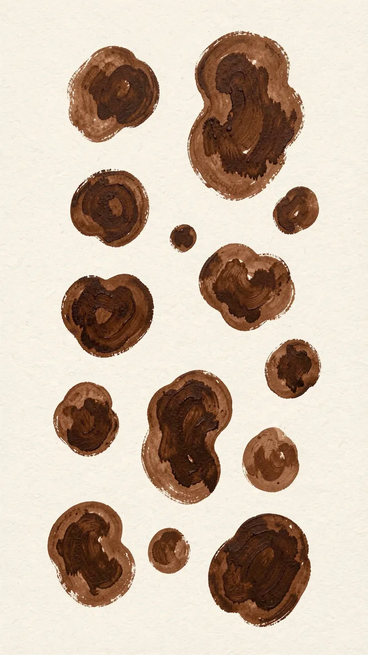 Rustic gouache brown rounded blotches arranged vertically on a creamy off-white background