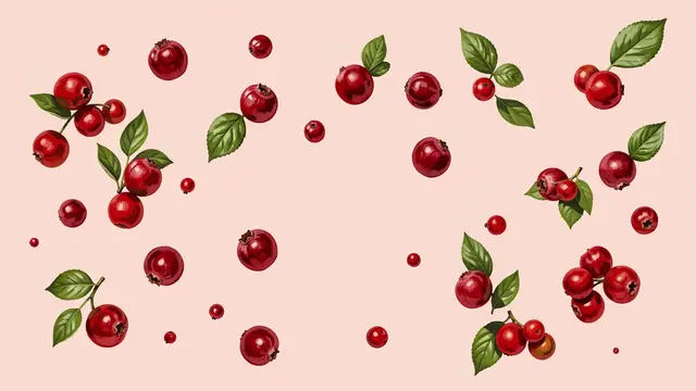 Scattered hand-painted red cranberries and green leaves rest on a pale blush pink background