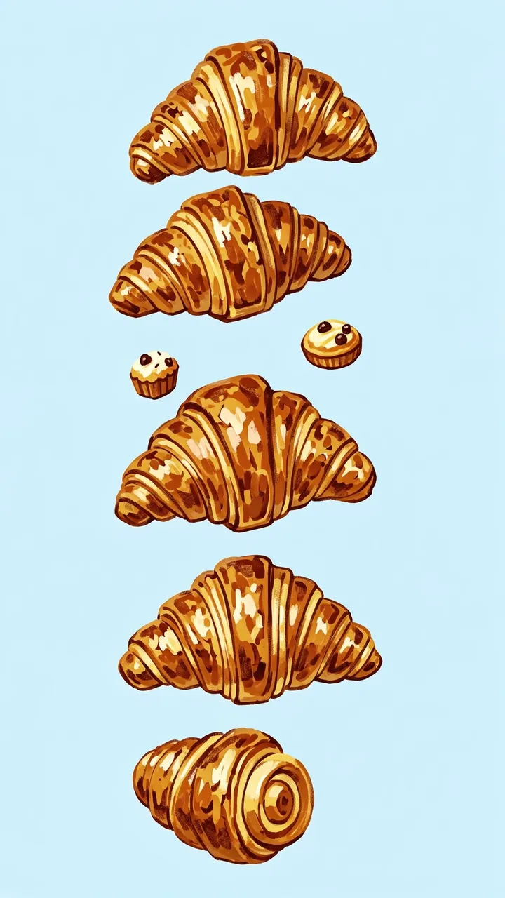 Hand-painted golden brown croissants and small pastries arranged vertically on a pale blue background