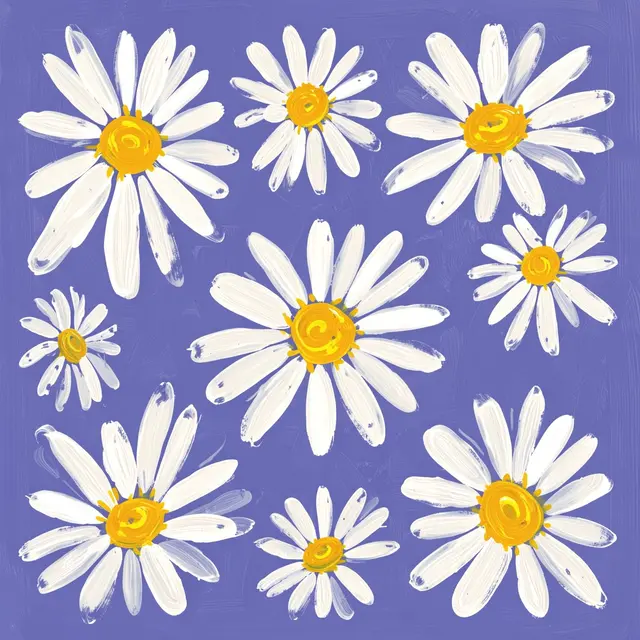 Wonky hand-painted daisies with white petals and yellow centers arranged on a periwinkle blue background