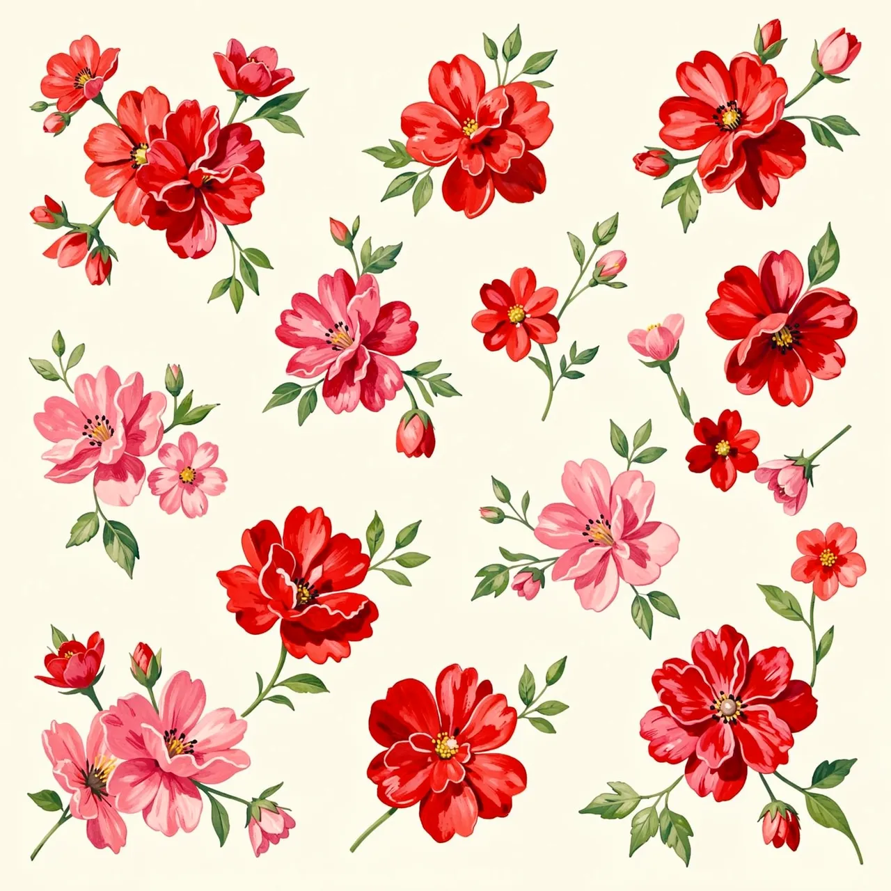 Loosely scattered hand-painted red and pink ditsy florals with green sprigs on a soft cream background