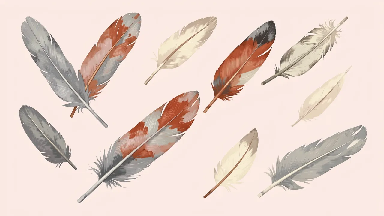 Scattered hand-painted feathers in gray, rust and cream sit on a soft pale blush background