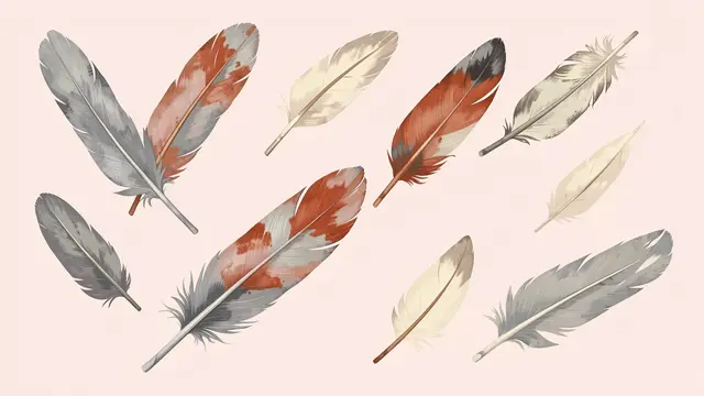 Scattered hand-painted feathers in gray, rust and cream sit on a soft pale blush background