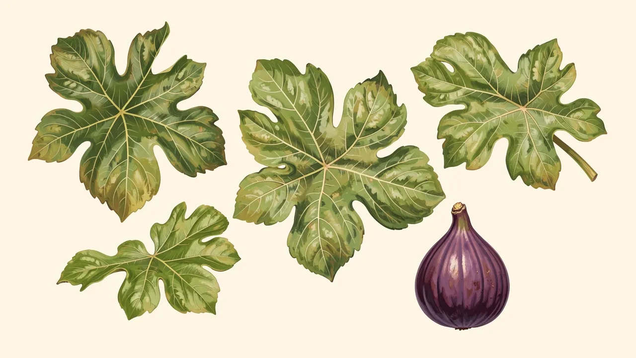 Detailed illustrated fig leaves and one purple fig arranged on a soft cream background