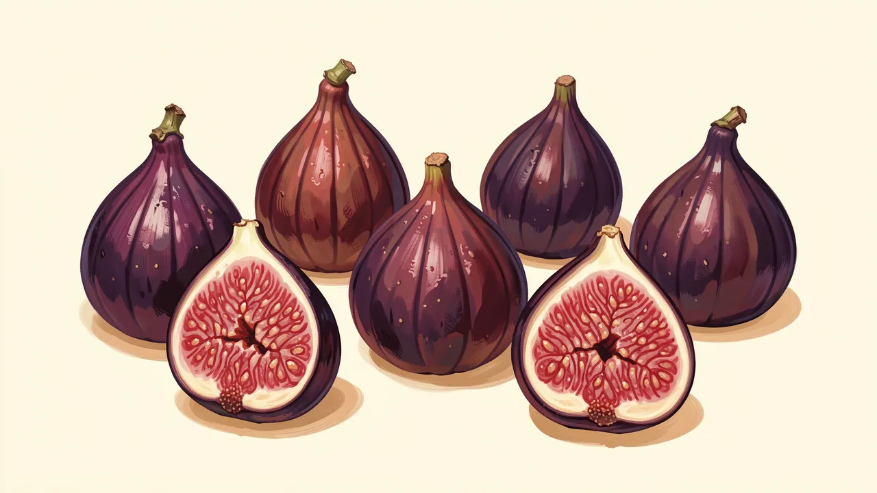 Whole and halved purple figs arranged on a warm cream background in a painted illustration style
