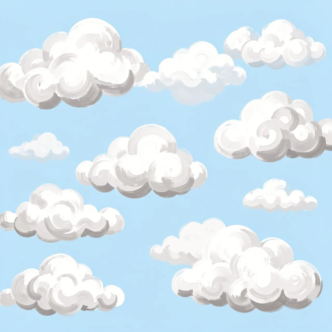 Textured hand-painted puffy white clouds with soft gray undersides scattered across a pale blue sky background
