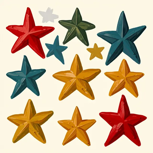 Chunky hand-painted stars in red, teal, mustard and pale gray are arranged on a cream background