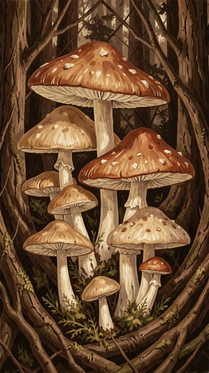 Illustrated cluster of tan and rust spotted toadstools growing between dark woodland tree trunks