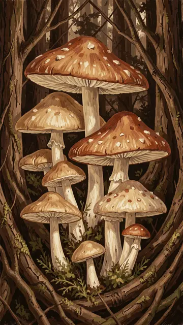 Illustrated cluster of tan and rust spotted toadstools growing between dark woodland tree trunks