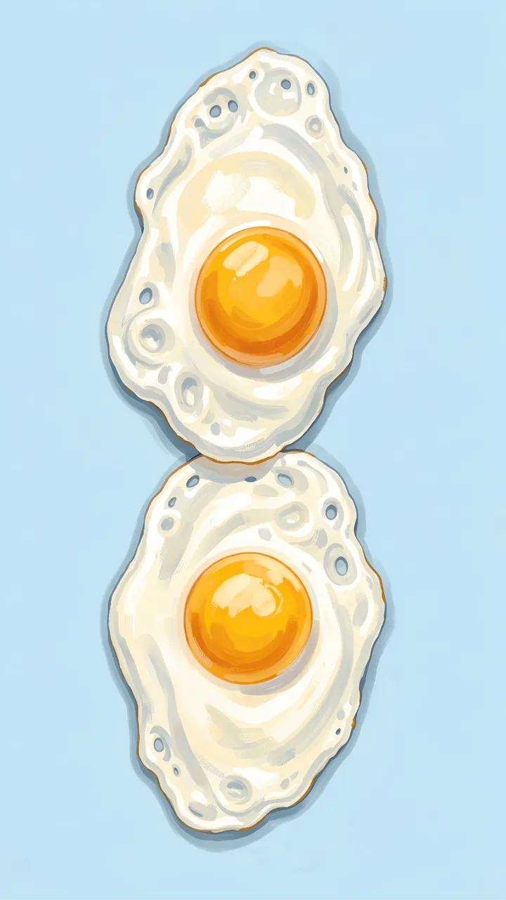 Two vertical hand-painted fried eggs with golden yolks sit on a pale blue background