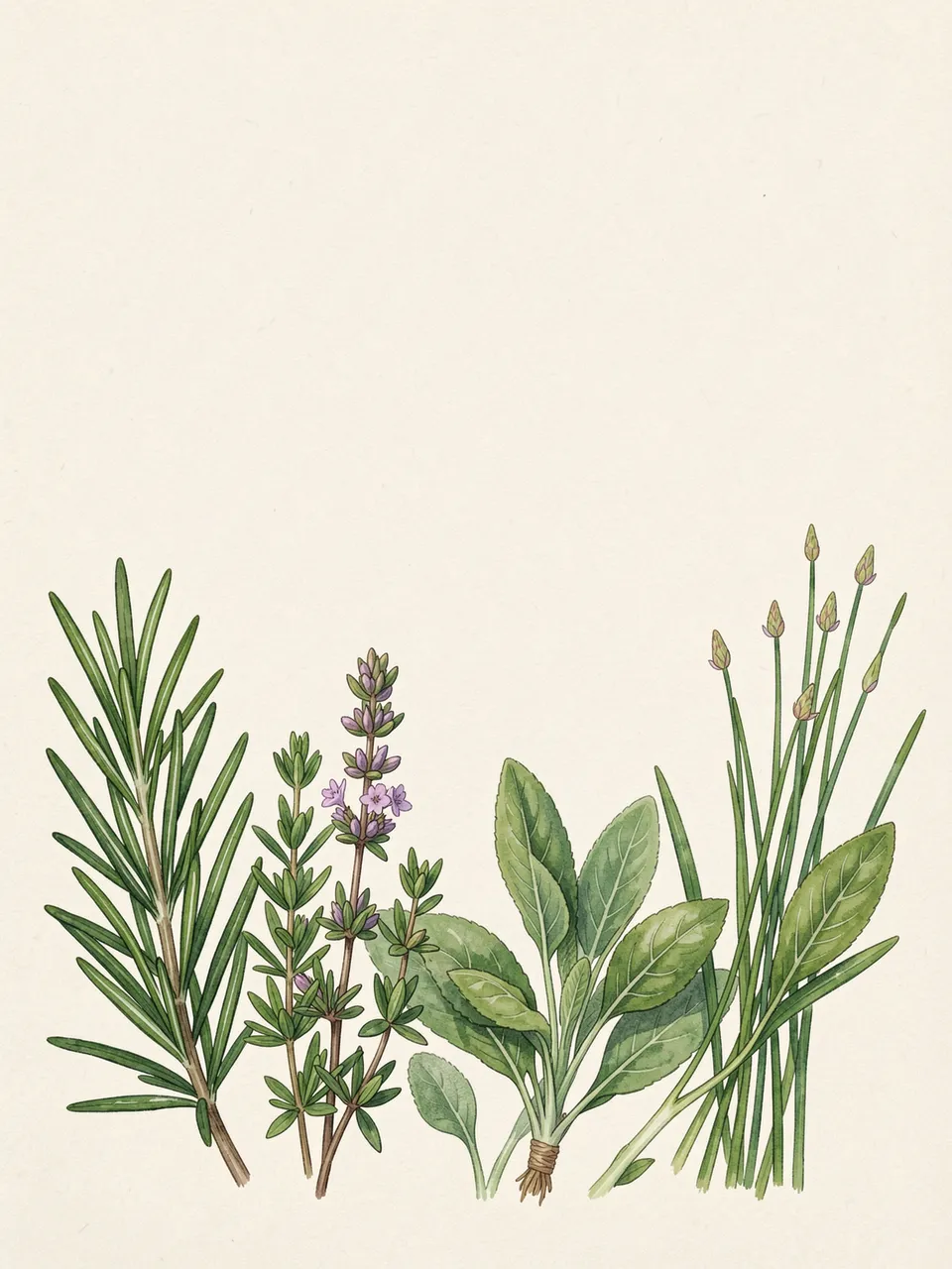 Watercolor illustration of rosemary, thyme, sage and flowering chives arranged along the bottom of cream paper with empty