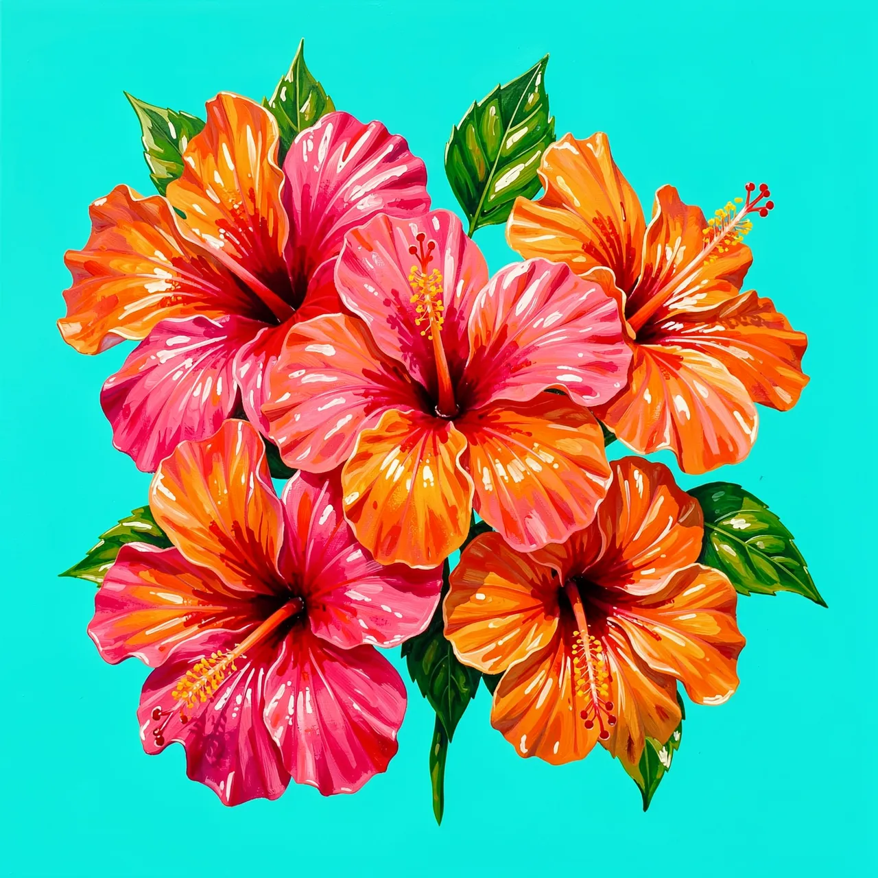 Bright hand-painted pink and orange hibiscus flowers with glossy green leaves set against a solid turquoise background
