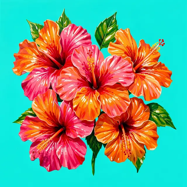 Bright hand-painted pink and orange hibiscus flowers with glossy green leaves set against a solid turquoise background