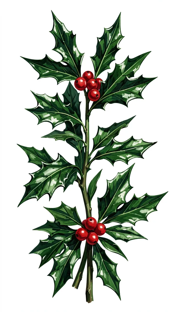 Vertical hand-drawn holly sprig with glossy green leaves and clusters of bright red berries on a plain white background