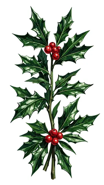 Vertical hand-drawn holly sprig with glossy green leaves and clusters of bright red berries on a plain white background