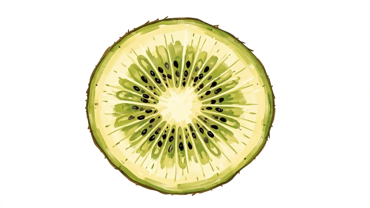 A single hand-painted cross-section kiwi slice rests against a plain white background.