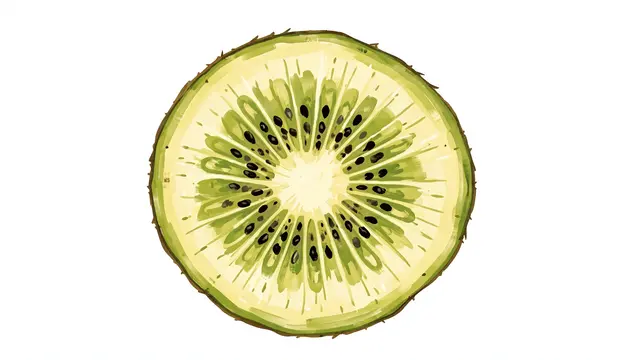 A single hand-painted cross-section kiwi slice rests against a plain white background.
