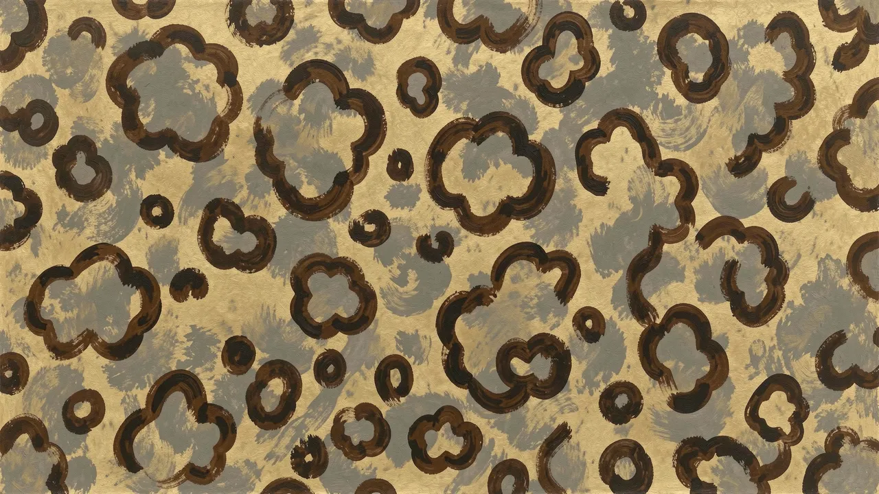 Irregular hand-painted clouded leopard print pattern on a dusty gray-gold background with dark brown outlines