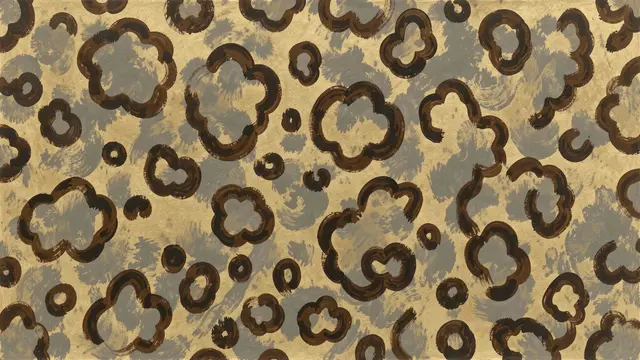 Irregular hand-painted clouded leopard print pattern on a dusty gray-gold background with dark brown outlines