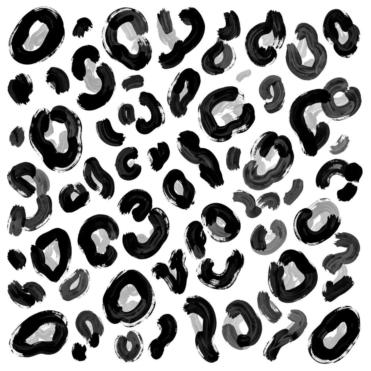 Irregular hand-painted monochrome leopard rosettes with visible brushwork on a bright white background