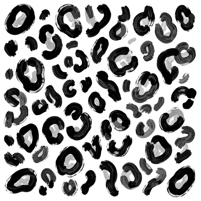 Irregular hand-painted monochrome leopard rosettes with visible brushwork on a bright white background