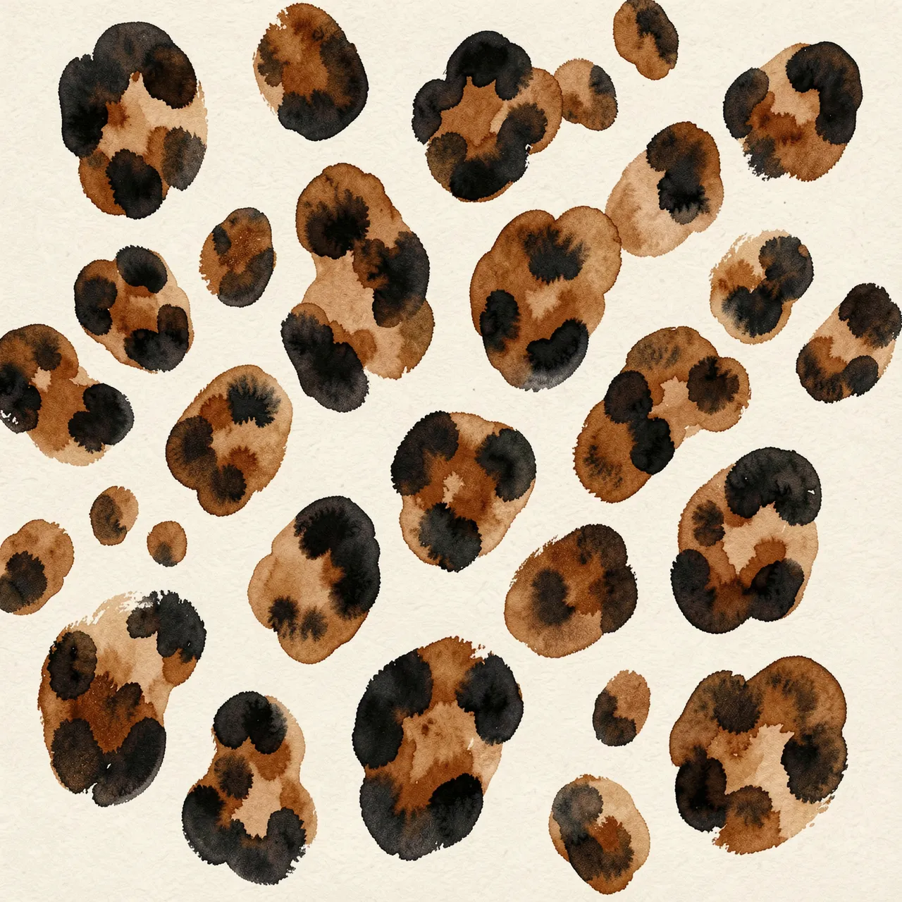 Gouache leopard spots in warm brown and black are scattered across a cream textured background