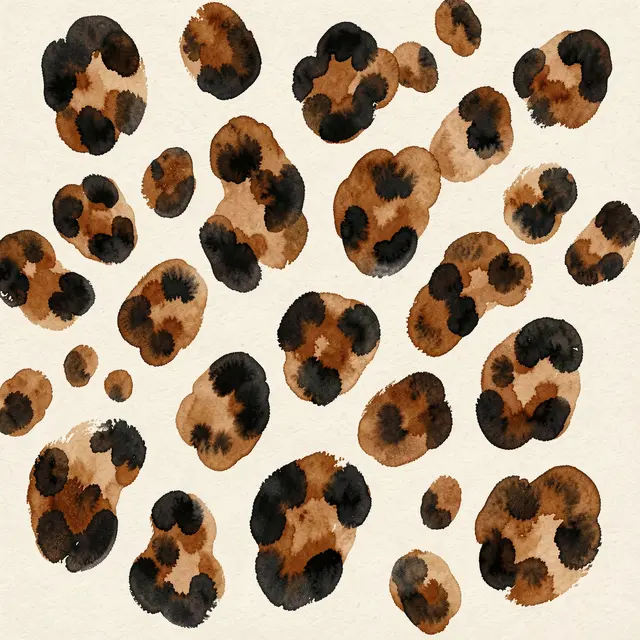 Gouache leopard spots in warm brown and black are scattered across a cream textured background
