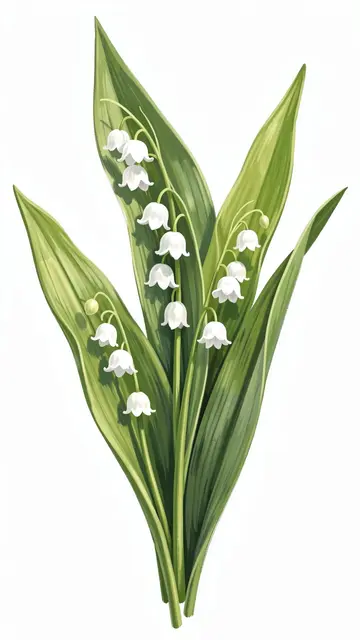 Hand-painted lily of the valley sprigs with nodding white bell flowers and long green leaves against a plain white background