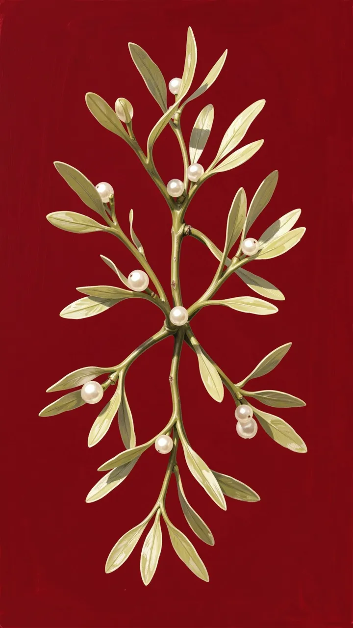 Illustrated mistletoe sprig with pale olive leaves and pearly white berries centered on a deep red background