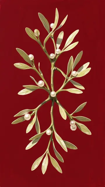Illustrated mistletoe sprig with pale olive leaves and pearly white berries centered on a deep red background