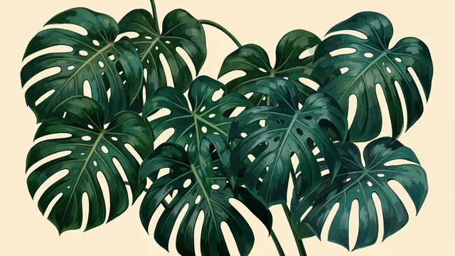 Overlapping hand-painted deep green and teal monstera leaves arranged on a warm cream background