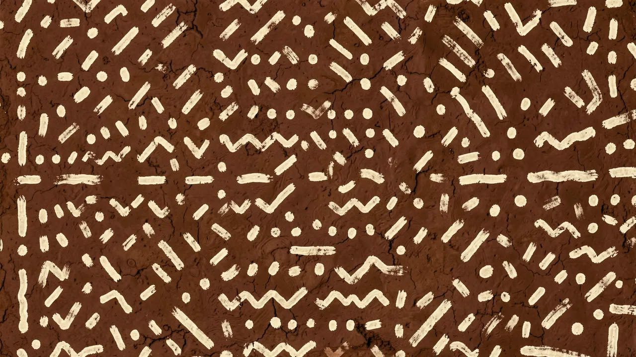Irregular hand-painted cream dashes, dots and zigzags arranged across a textured deep brown background