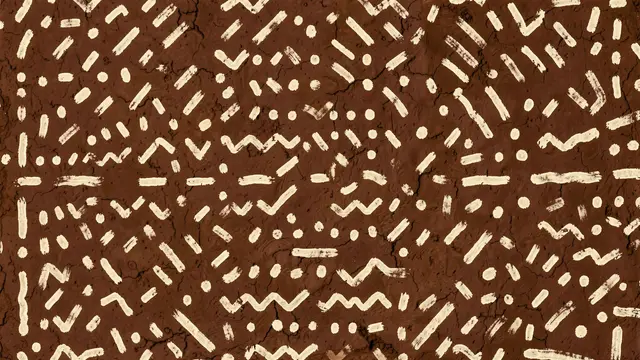 Irregular hand-painted cream dashes, dots and zigzags arranged across a textured deep brown background