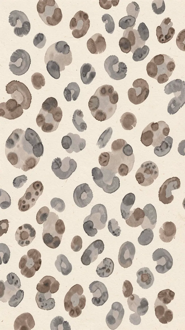 Soft hand-painted irregular cheetah spots in gray and smoky brown on an oatmeal background