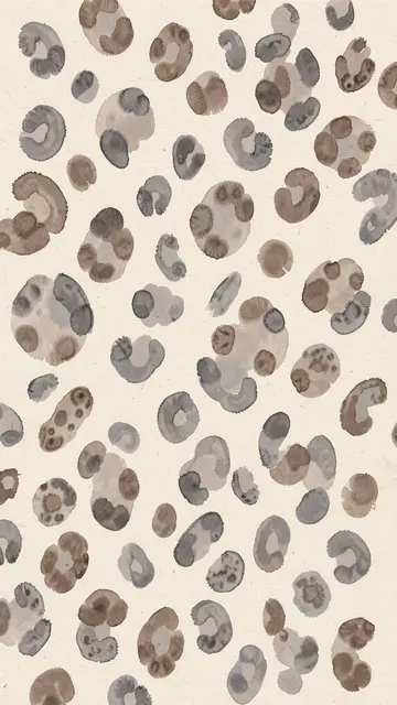 Soft hand-painted irregular cheetah spots in gray and smoky brown on an oatmeal background