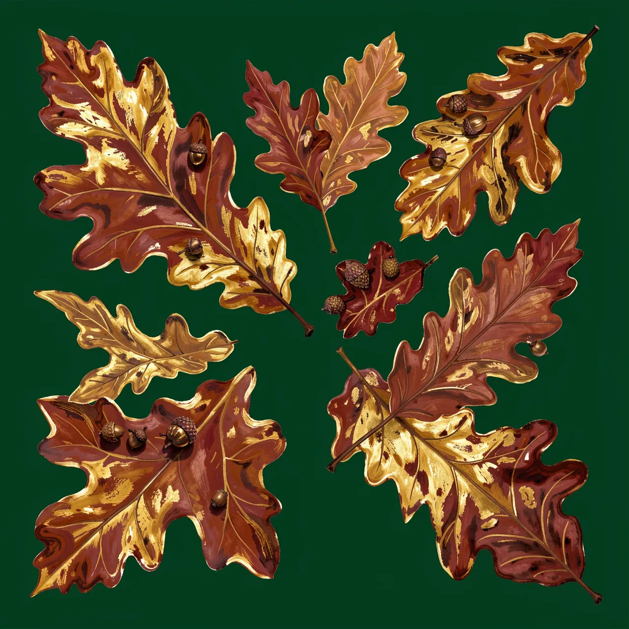 Hand-painted russet, gold, and brown oak leaves with tiny acorns arranged on a deep green background