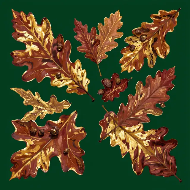Hand-painted russet, gold, and brown oak leaves with tiny acorns arranged on a deep green background