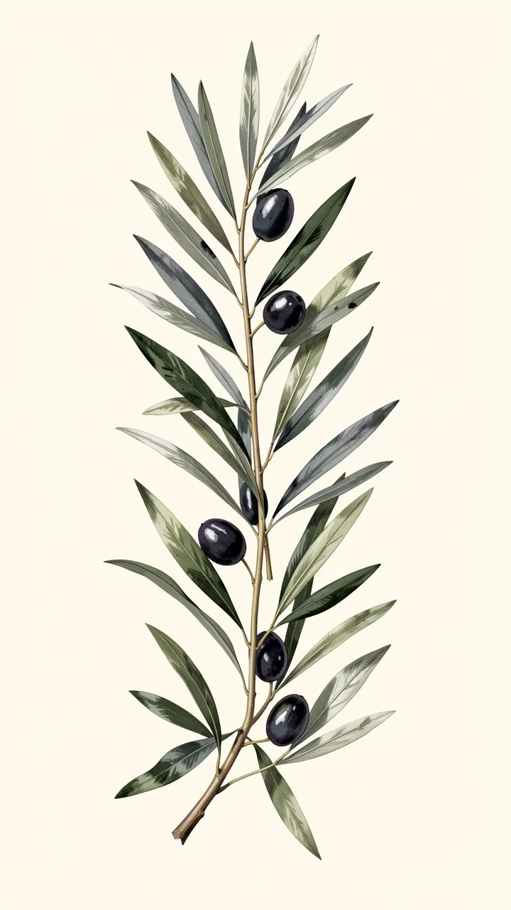 A vertical hand-painted olive branch with gray-green leaves and dark olives sits on a cream background.
