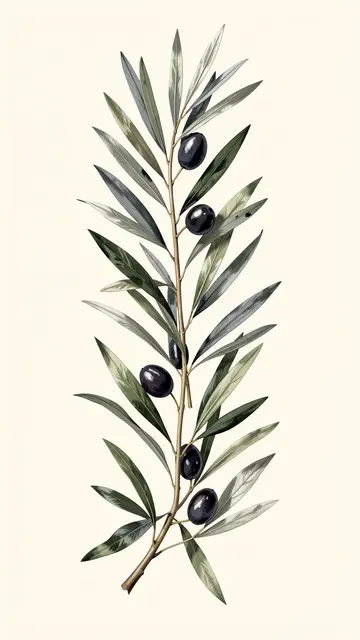 A vertical hand-painted olive branch with gray-green leaves and dark olives sits on a cream background.