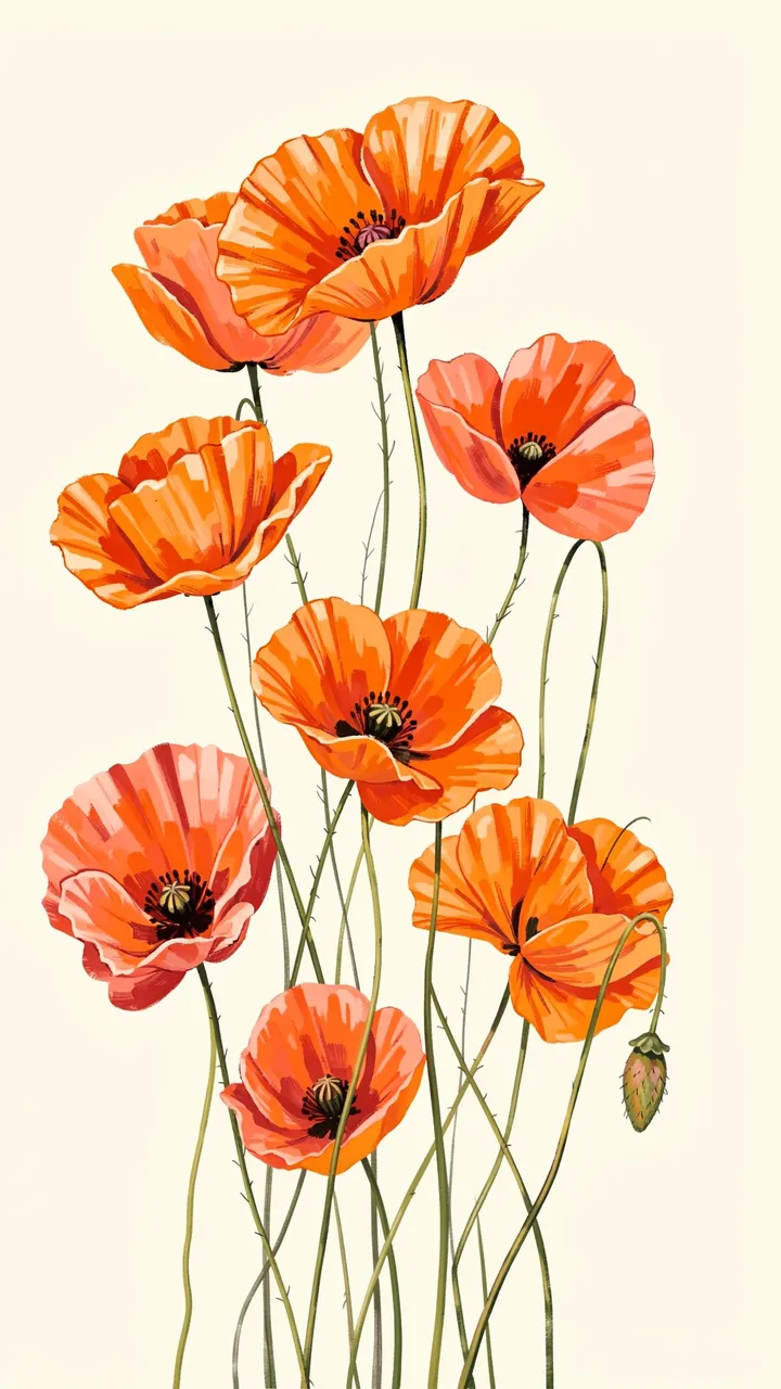 Loose painterly illustration of orange and coral poppies with wiry stems on a soft cream background