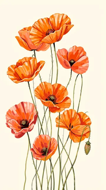 Loose painterly illustration of orange and coral poppies with wiry stems on a soft cream background