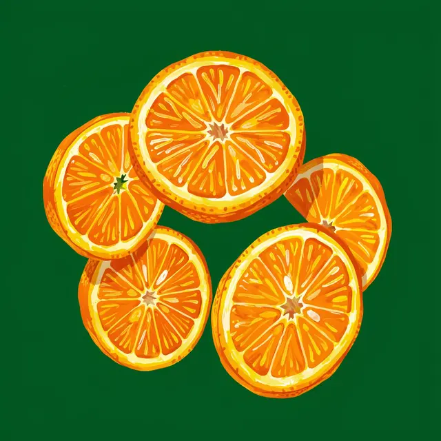 Five hand-painted orange wheel slices arranged on a solid deep green background