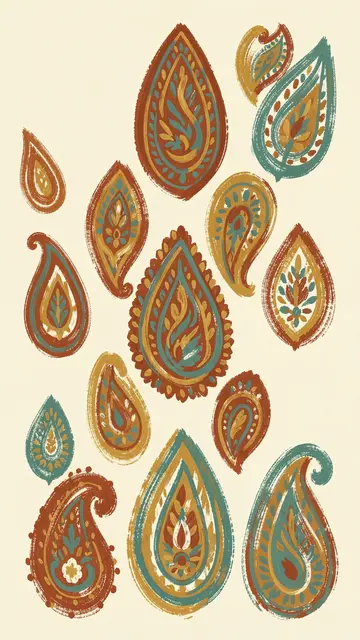 Rust, mustard and teal loose brushwork paisley teardrops arranged on a cream background
