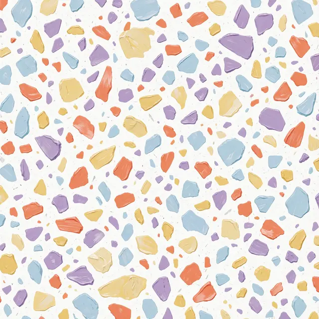 A seamless hand-painted terrazzo pattern with irregular pastel chips set on a white base.