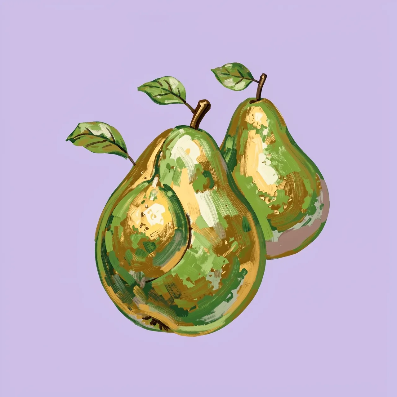 Textured hand-painted green and golden pears with leaves sit against a soft lilac background