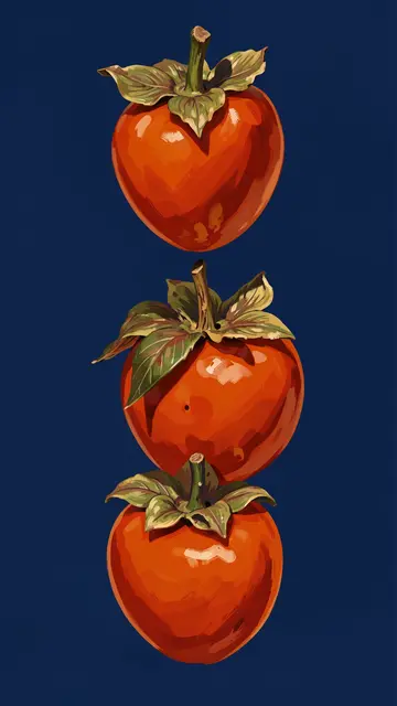Three vertically stacked hand-painted persimmons with leafy caps on a deep dark blue background