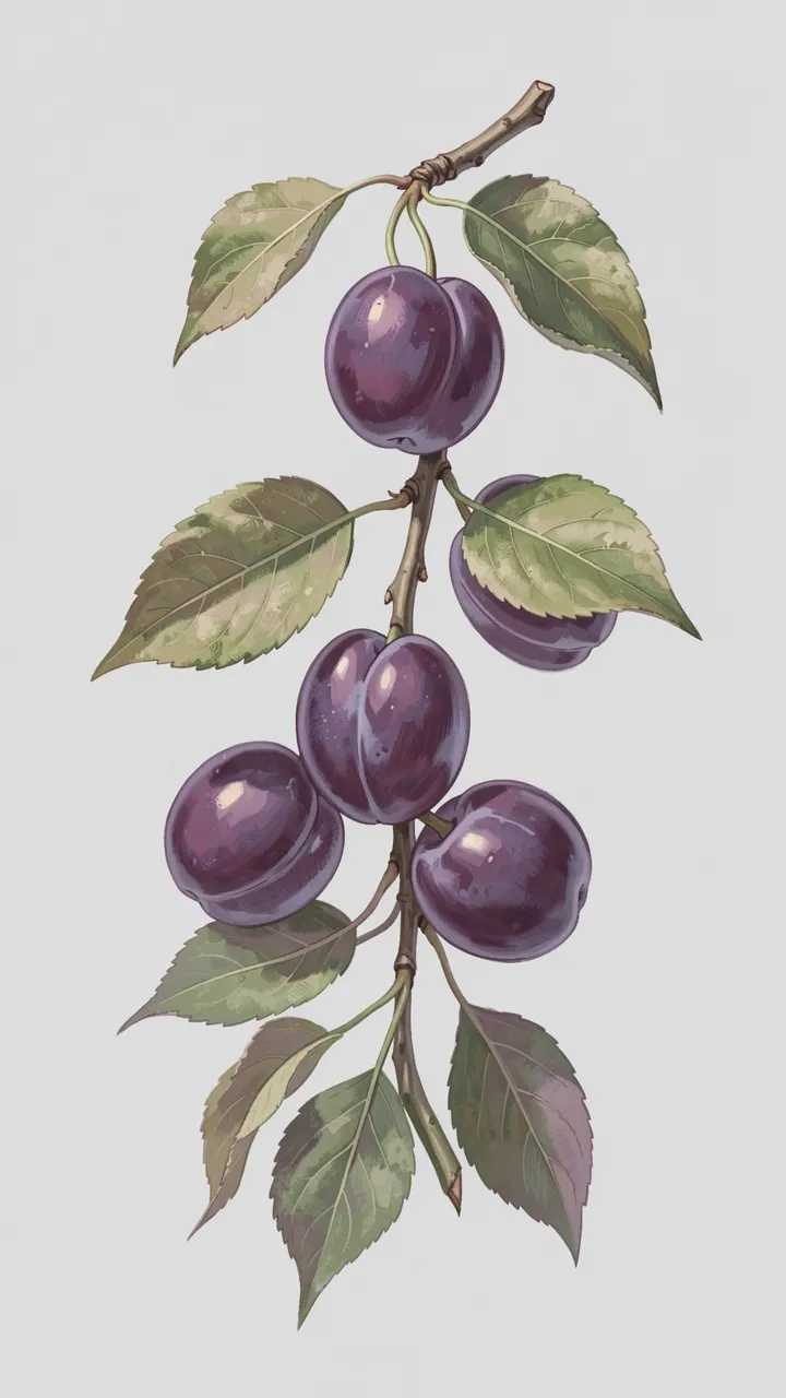 Dusky purple plums with soft bloom hang from a leafy twig against a pale gray background